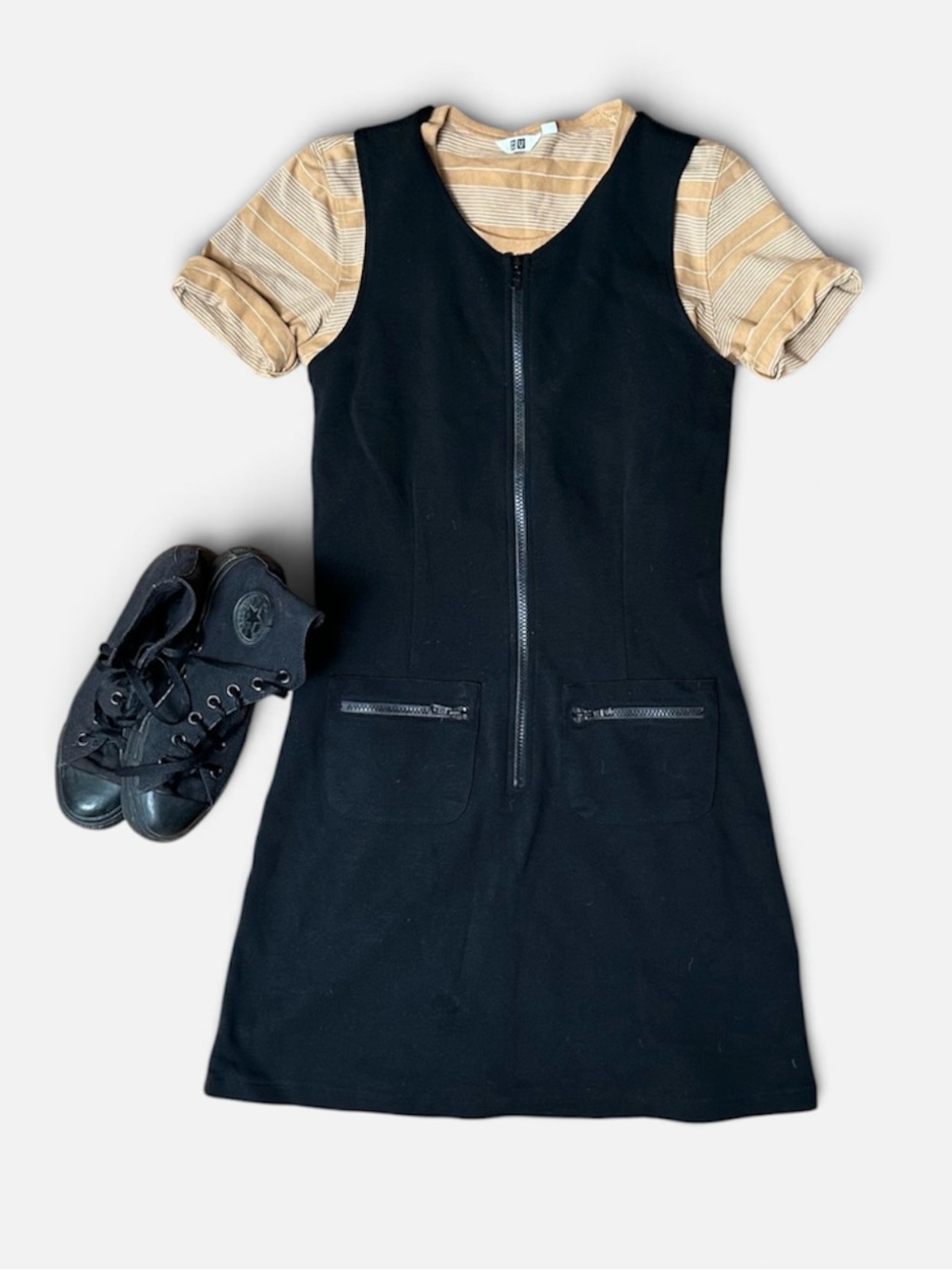 Vintage Y2K CLUB MONACO Black Sporty Zip-up A-Line Short Dress Zipper pockets 🇨🇦